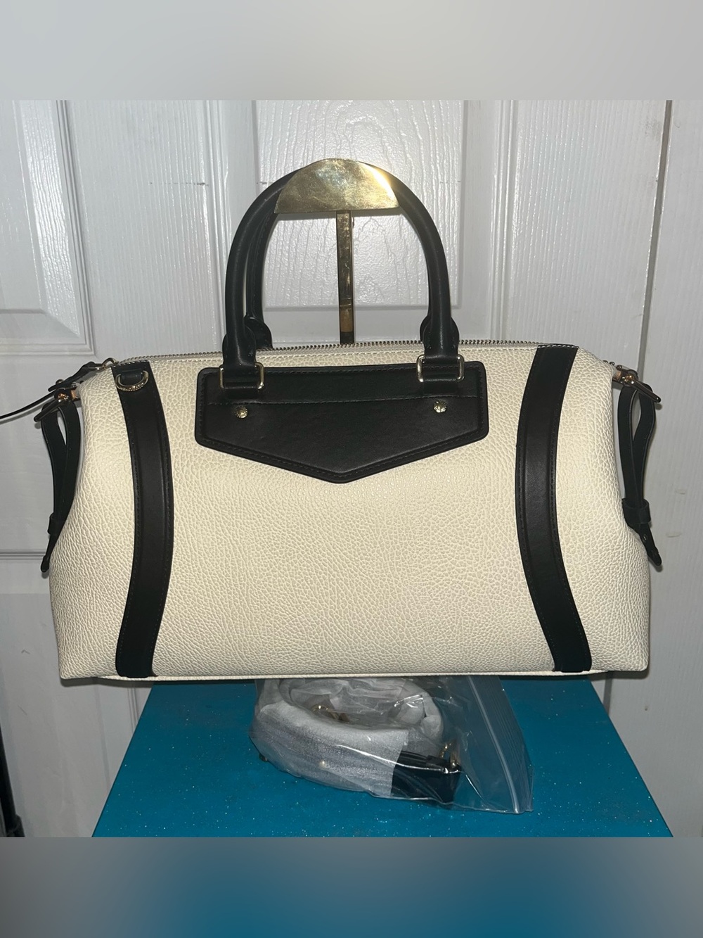 Cream and Black Structured Duffel Satchel - Classic Two-Tone